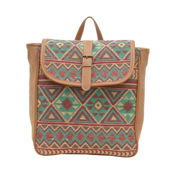 Myra Bag Handmade Dot  Backpack Upcycled Canvas & Cowhide Leather